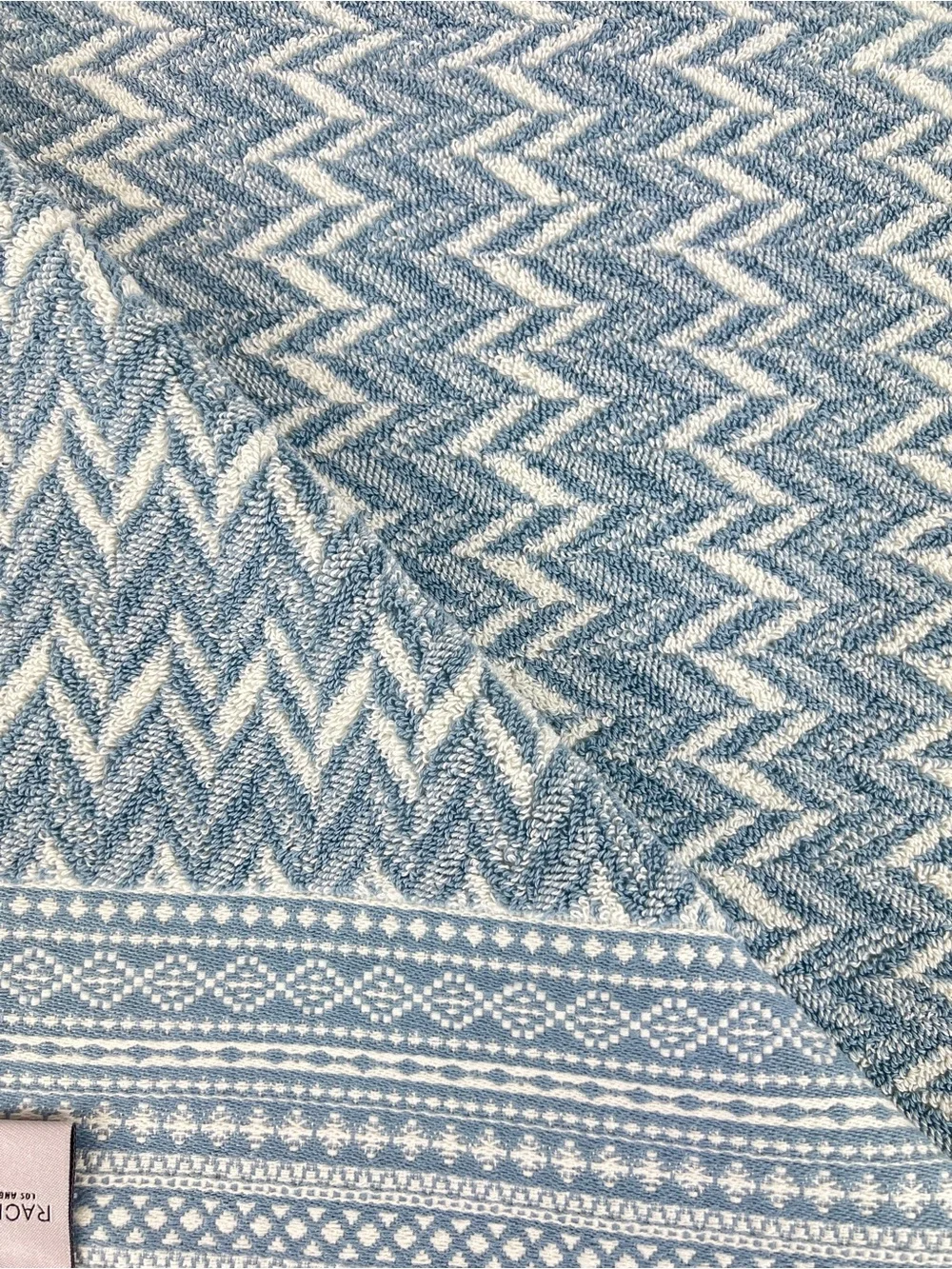 Rachel Zoe Bath Towels Blue Cream Chevron Design Soft 100% Cotton 2 Pc NEW